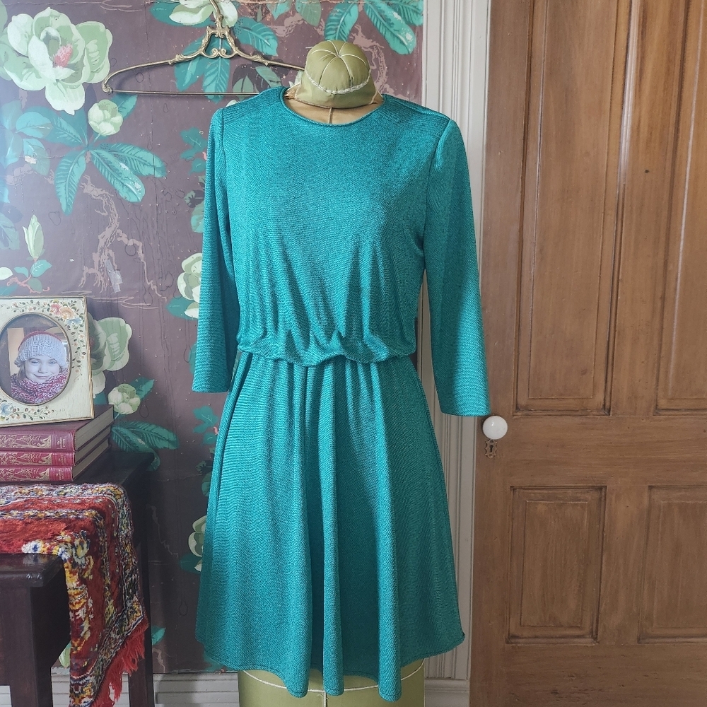 Jenny Vintage Teal Long Sleeve Dress – Size 8 (Made in USA)